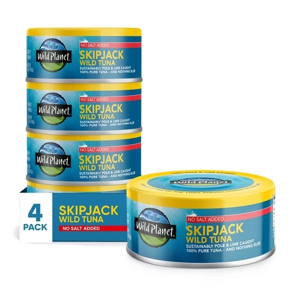 (4 Cans) Wild Planet, Skipjack Wild Tuna, No Salt Added, 5oz Cans