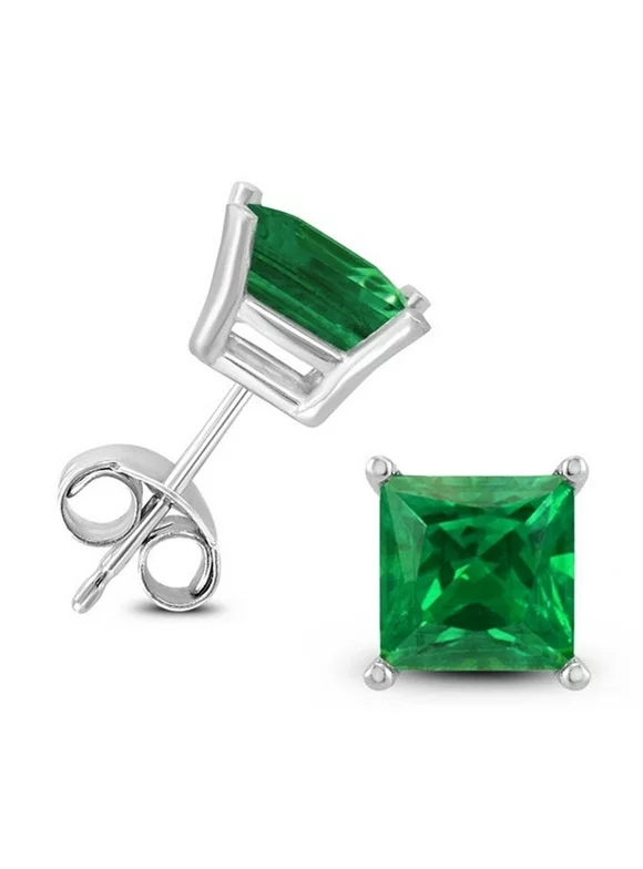 10k White Gold Over Sterling Silver 2  Carat Princess Created Emerald Stud Earrings