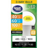 Great Value LED Light Bulb, 16W (100W Equivalent) 3-way Lamp E26 Medium Base, Non-dimmable, Soft White, 1-Pack