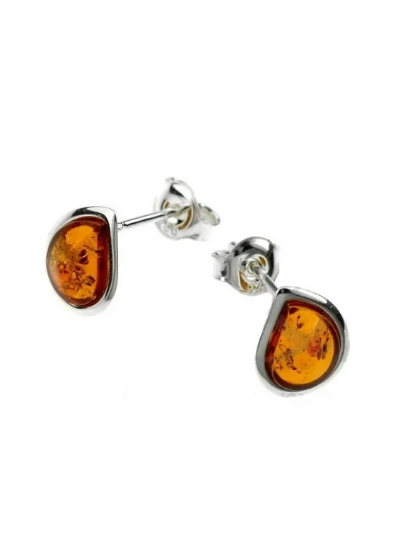 Stud Cognac Color Baltic Amber Earrings in Sterling Silver