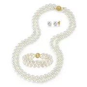 14K Gold White Freshwater Cultured Double Strand Cultured Pearl Necklace, Bracelet & Earrings Set - AAA Quality, 16-17" Necklace Length