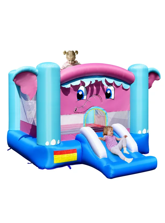 Topbuy Inflatable Bounce House 3-in-1 Elephant Theme Inflatable Castle w/ Jumping Area Slide & Basketball Rim Indoor Outdoor Kids Bouncer (without Blower)