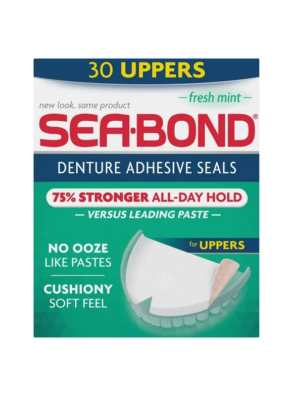 Sea Bond Secure Denture Adhesive Seals, For an All Day Strong Hold, 30 Fresh Mint Flavor Seals for Upper Dentures