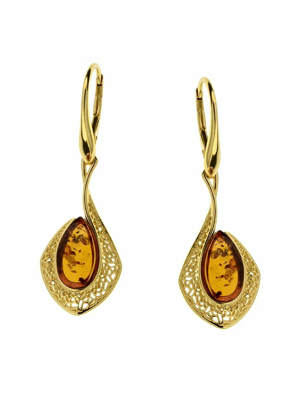 Dangle style Cognac Color Baltic Amber Earrings in Gold-plated Sterling Silver