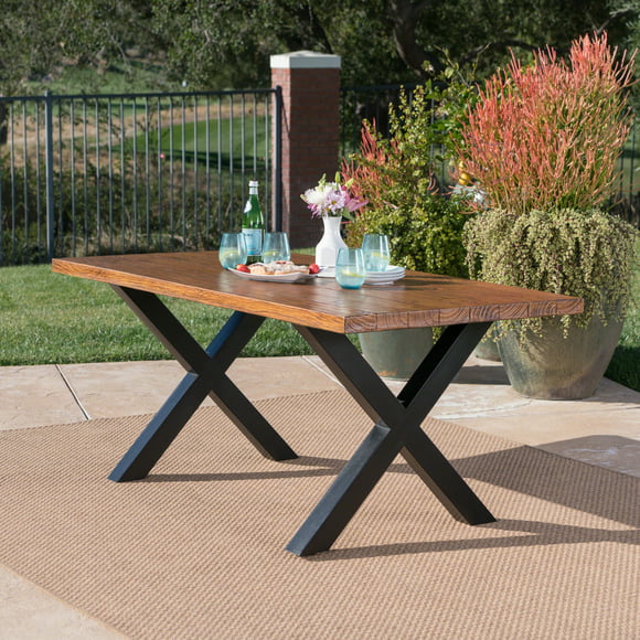 Cruz Cullen Outdoor Light Weight Concrete Rectangular Dining Table, Brown Walnut, Black