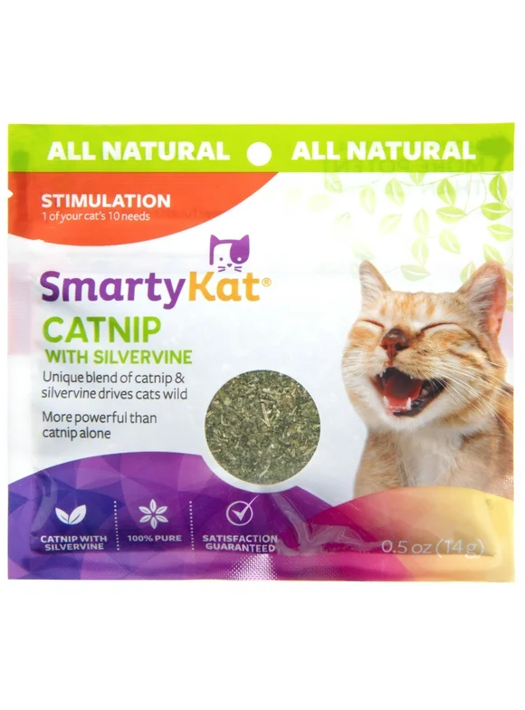 SmartyKat Catnip with Silvervine, Pure & Potent Blend for Cats, Resealable Pouch, 0.5 oz