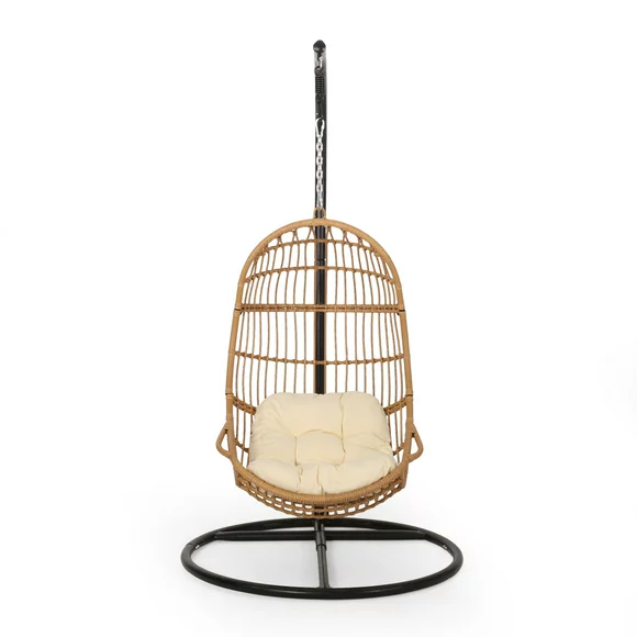 Noble House Hebron Wicker Rattan Hanging Chair with Cushion and Stand - Beige/Light Brown