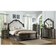 Modern Design Gray Finish 4pcs King Size Bedroom Set Upholstered Headboard Bed Dresser Mirror Night Furniture Set