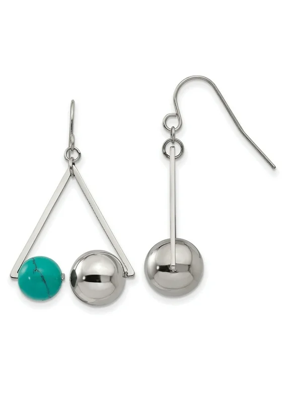 Versil  Stainless Steel Polished Triangle With Imitation Turquoise Beads Earrings