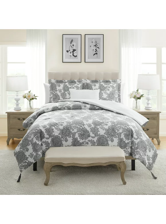 My Texas House Victoria Grey Floral 4-Piece Comforter Set, Full/Queen