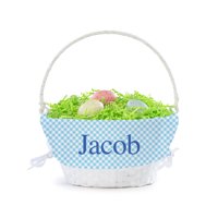 Personalized Planet Blue and White Liner with Custom Name Printed in Blue Letters on White Woven Spring Easter Basket with Collapsible Handle for Egg Hunt or Book Toy Storage