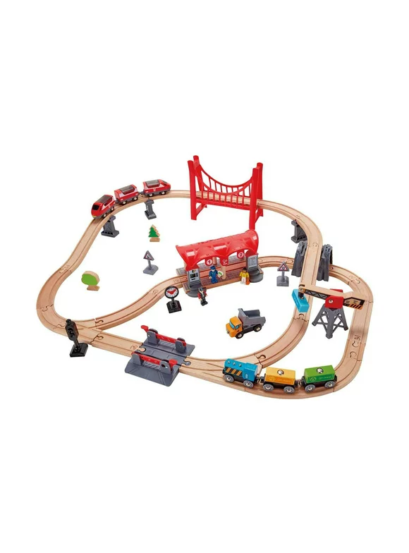 Hape Busy City Themed Magnetic Kids Play Freight Train Railway Station Toy Set