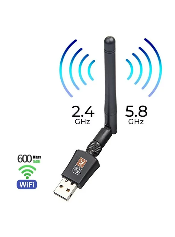 USB WiFi Adapter 5dBi Antenna, 600Mbps Dual Band (2.4G/150Mbps+5G/433Mbps) Wireless Network Card Adapter for Desktop Laptop PC Windows 10/8.1/8/7/XP/Vista, MAC OS