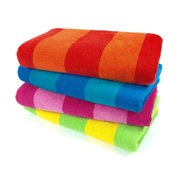 Kaufman 4 Pack Velour Two Color Stripe Beach Towel. 30in x 60in, Assorted Colors