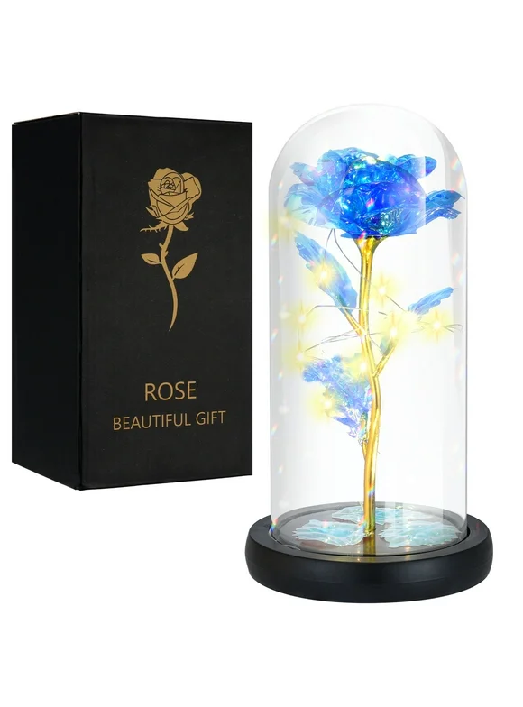 Hengguang Galaxy Rose Birthday Gifts for Women, Glass Flower Rose with Led Light String, Unique Gifts for Mothers Day, Christmas, Valentine Day, Anniversary(Navy Blue)