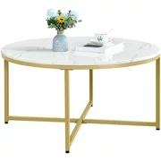 Topeakmart X-Based Faux Marble Coffee Table Modern Round Accent Table, Mustard Gold