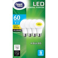 Great Value LED General Purpose Bulb 8.5W (60W equivalent), Soft White, 4 Count