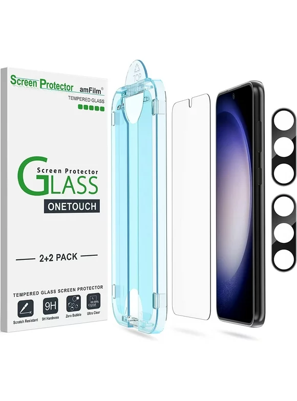 (2+2 pack) amFilm OneTouch for Samsung Galaxy S23 6.1 Inch Tempered Glass Screen Protector & Tempered Glass Camera Lens Protector, 9H Hardness, Easy Installation and Bubble Free.