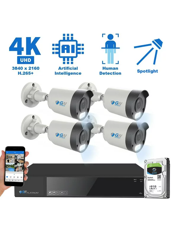 GW 8 Channel 4K NVR 8MP (3840x2160) H.265+ Starvis Starlight Smart AI Security Camera System - 4 x UltraHD 4K Human Detection Poe IP Bullet Camera - 8MP (Two Times The Resolution of 4MP HD)