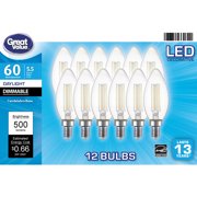 Great Value LED Light Bulb, 5.5 Watts (60W Equivalent) B10 Deco Lamp E12 Candelabra Base, Dimmable, Daylight, 12-Pack