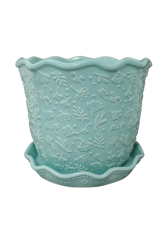 The Pioneer Woman Embossed Daisy Teal Planter, 8 in, Stoneware