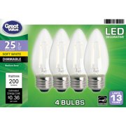 Great Value LED Light Bulb, 3 Watts (25W Equivalent) B10 Deco Lamp E26 Medium Base, Dimmable, Soft White, 4-Pack