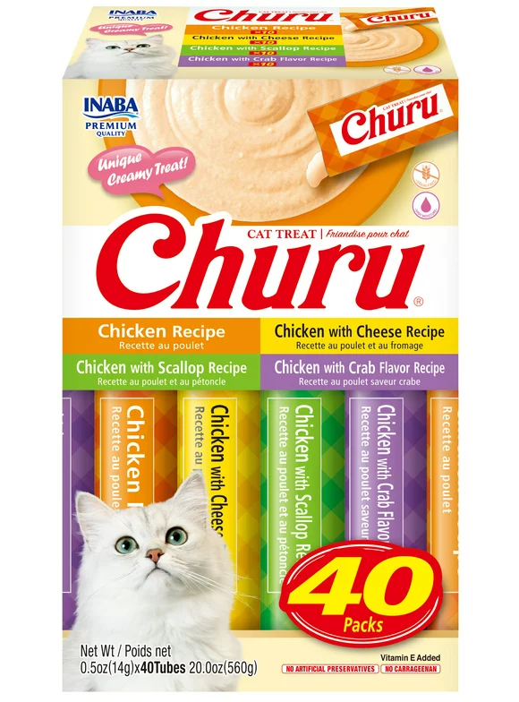 Inaba Churu Creamy, Lickable Wet Cat Treats, 0.5 oz, 40 Tubes, Chicken Variety