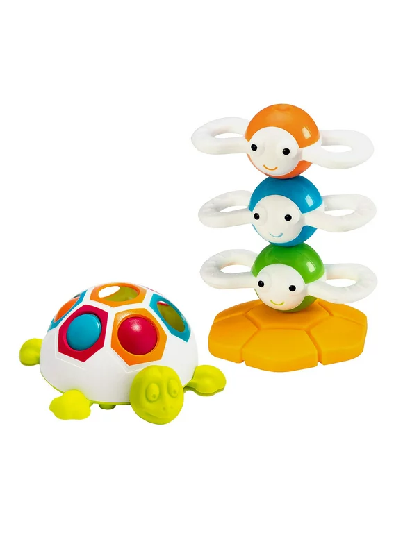 Fat Brain Baby Sensory Toys, Dizzy Bees Magnetic Stacking Toy, Pop & Slide Shelly Turtle Toy Bundle with Storage Bag, Toddler Learning Fine Motor Toys, BPA Free