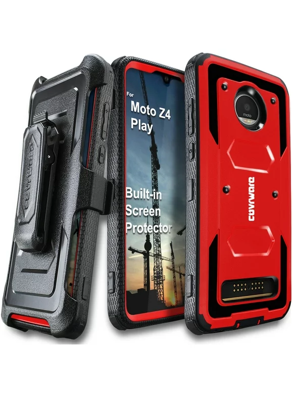 Moto Z4 / Z4 Play Case COVRWARE Aegis Series Full Body Protection Case Armor Hard Cover with BUILT-IN SCREEN PROTECTOR KICKSTAND Red