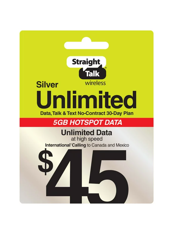 Straight Talk $45 Silver Unlimited 30-Day Prepaid Plan + 5GB Hotspot Data + Int'l Calling Direct Top Up