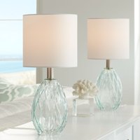 360 Lighting Modern Accent Table Lamps 17 1/2" High Set of 2 Diamond Blue Green Glass Fabric Drum Shade for Bedroom Bedside Office