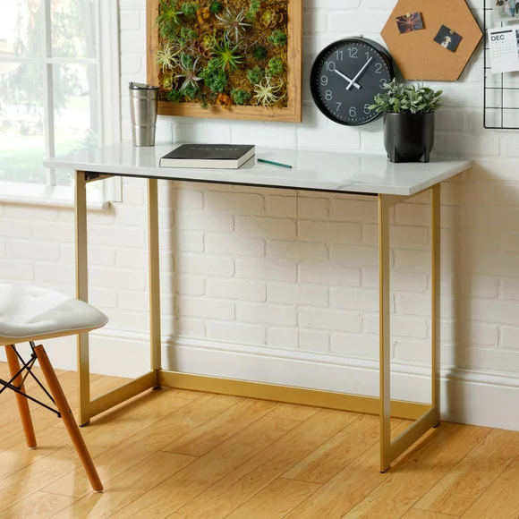 Manor Park Modern Writing Computer Desk, White Faux Marble/Gold