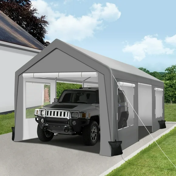 Gartooo Upgraded 10 x 20Ft Heavy Duty Carport, Portable Garage Shelter with Sand Bags, Roll-up Ventilated Windows for Truck, Boat, Car