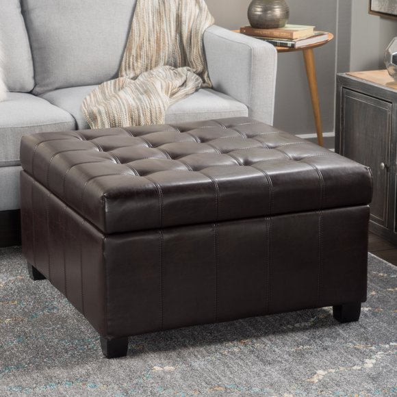 Noble House Allison Contemporary Tufted Bonded Leather Storage Ottoman, Brown and Dark Brown