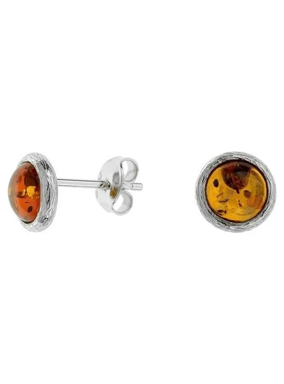 Small Round Cognac Color Baltic Amber Earrings in Sterling Silver