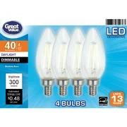 Great Value LED Light Bulb, 4 Watts (40W Equivalent) B10 Deco Lamp E12 Candelabra Base, Dimmable, Daylight, 4-Pack