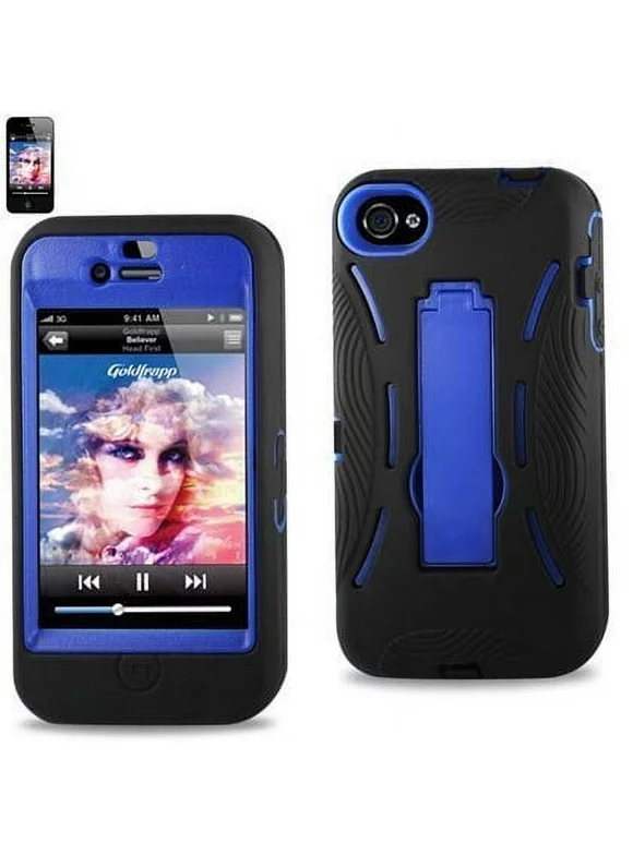 Importer520 HYBRID Armor Cover CASE FOR Apple Iphone 4 4S,4G. With kickStand Two piece case Hard Shell + soft Silicone BLACK/Blue-Kickstand