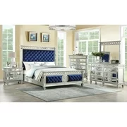 Blue Velvet & Mirrored Queen Bed Set 5Pcs w/Chest Acme Furniture 26150Q Varian