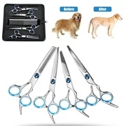 HALLOLURE 6" 7in1 Professional Stainless Steel Pet Grooming Scissors Set Curved Thinning Scissor Shear Hair Cutting+Comb+Clean Cloth + Scissors Case For Dog Cat Animal