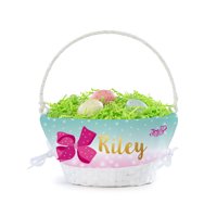 JoJo Siwa Personalized White Woven Spring Easter Basket with Custom Name Printed in Gold Letters with Collapsible Handle for Egg Hunt or Book Toy Storage