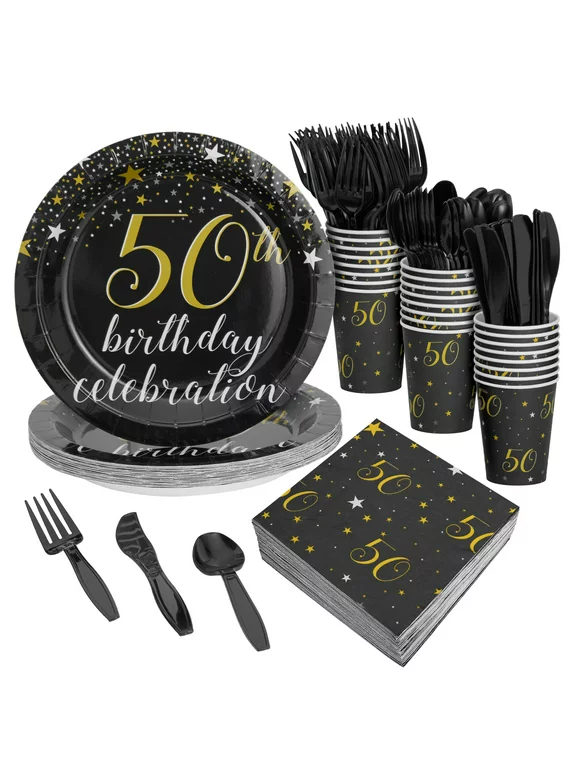 144 Pieces 50th Birthday Party Supplies with Paper Plates, Napkins, Cups, Cutlery, Black, Gold, Serves 24