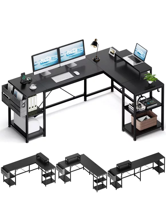 Lulive 95" Reversible Computer Desk, L Shaped Desk Office Desk with 4 Shelves/Monitor Stand/ Storage Bag/Hooks for Home Office, Black