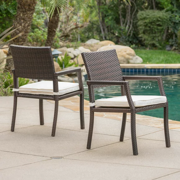 Outdoor Brown Wicker Dining Chairs with White Water Resistant Cushions (Set of 2)