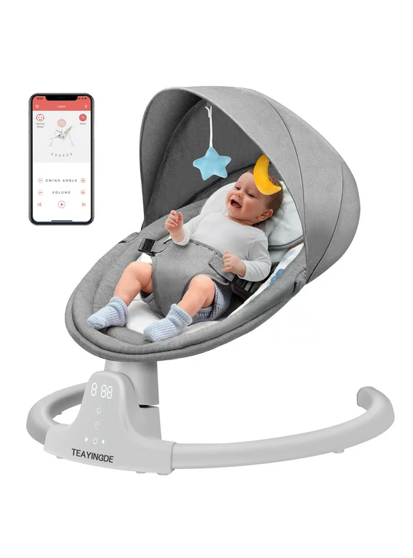 TEAYINGDE Baby Swing for Infants, APP Remote Bluetooth Control, Compact & Portable, 5 Speed, 10 Lullabies, USB Plug-in Power, Indoor/Outdoor, 5-20 lb, 0-12 Months (Gray)