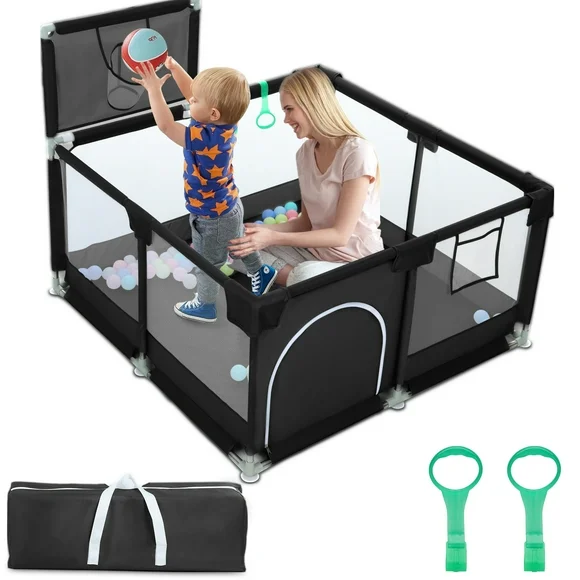 TEAYINGDE Baby Playpen, Play Yard, Baby Playards, 50"x50" Infant Travel Fence with Basket, Black