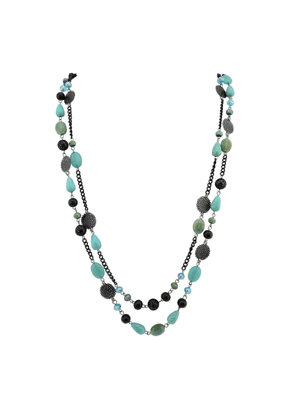 Bocar Long Statement 2-Strand Bead Boho Necklace with Chain for Women,37.8inch, Blue Green