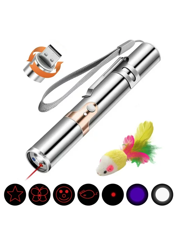 FYNIGO Cat Laser Pointer Toy Rechargeable,Interactive Toy for Cat Kitten Dog with a Mouse Toy,Silver