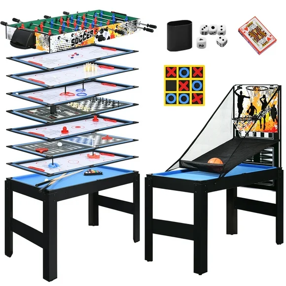 RayChee 48" Multi Game Tables 15-in-1 Combo Tabletop w/Foosball, Air Hockey, Pool, Ping Pong, Basketball, Chess, Poker, Bowling, Shuffleboard for Family Fun