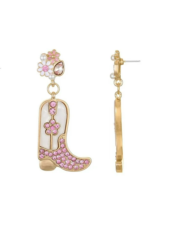 Packed Party Women's Goldtone and Simulated Pearl Boot-Scoot Earrings, Pink