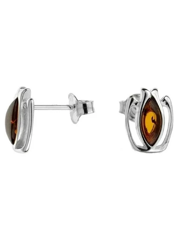 Small Cognac Color Baltic Amber Earrings in Sterling Silver